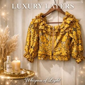 Indikah Mustard Floral Lace Cropped Jacket | Ruffled Boho Layer | Size S